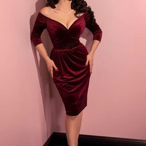 Vixen by Micheline Pitt NWT Starlet Wiggle Dress Sz S Burgundy Velvet Retro Midi